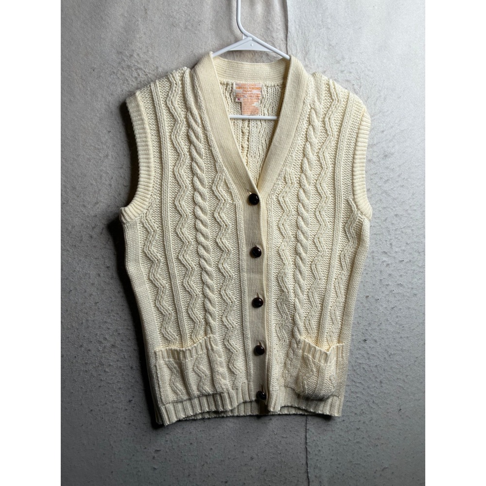 Vintage Hand Loomed Cable Knit Cardigan Vest Cream V-Neck Button Front Pockets M